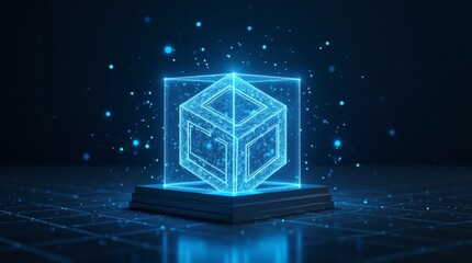 Glowing Blockchain Cube Transforming into Transparent Vault Symbolizing Security and Reliability of Blockchain Technology