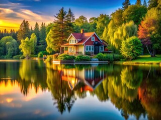 Fototapeta premium Dream lake houses: stunning high-resolution images of waterfront serenity.