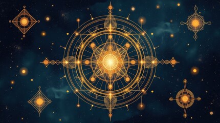 Mystical sacred geometry symbols background with alchemy and golden ratio elements for science and spirituality designs. Alchemy. Illustration
