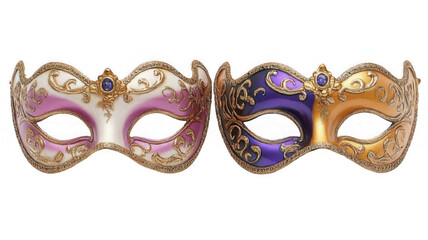 Un primer plano de dos hermosas máscaras de carnaval con detalles intrincados y piedras preciosas brillantes. Fondo transparente