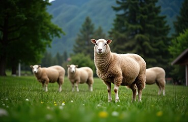 Obraz premium Sheep graze on green lawn in Swiss village. Swiss countryside scene. Fluffy sheep stand amidst vibrant green grass. Natural rural setting. Charming landscape. Peaceful atmosphere. Farm animals in
