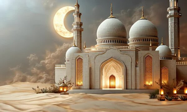 Stunning white mosque 3d illustration, suitable for ramadan kareem greeting animation