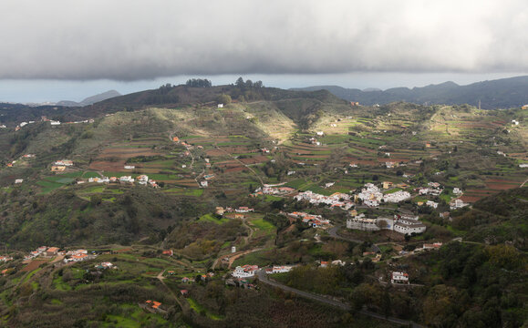 Gran Canaria, view towards Arbejales village in Teror municipality  from a path to Las Cumbres, The Summits