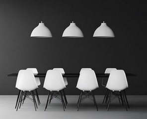 Modern interior of the dining room with white chairs and a black table, 