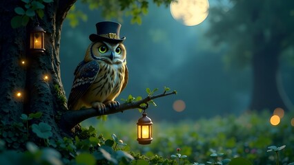 An owl with a top hat perched on a tree branch at night with glowing lanterns. St. Patrick's Day Banner