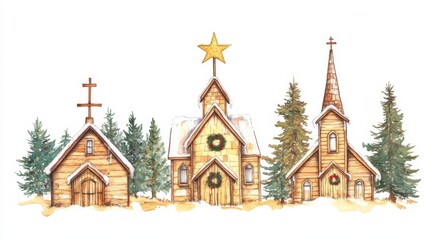 Fototapeta premium Charming christmas village watercolor of three wooden churches with wreaths and snowy trees