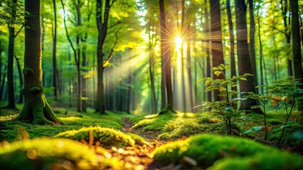 Fototapeta premium Enchanted forest photography: Tilt-shift transforms sunlit woods into a miniature fairytale setting.