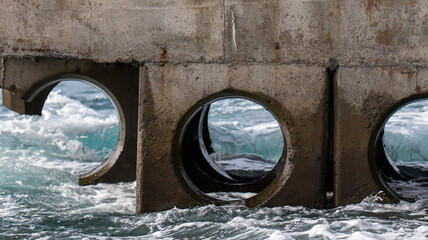 Concrete drainage pipes with ocean waves flowing through them, creating a dynamic interaction...