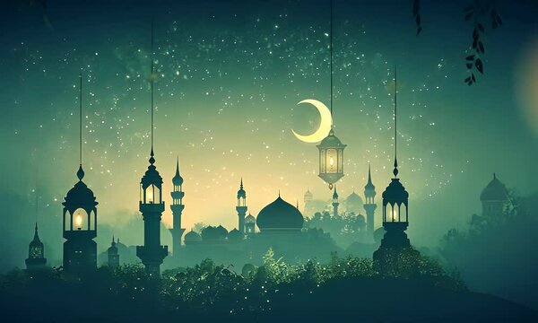 beautiful islamic ornament with mosque, lantern and halfmoon 3d illustration video animation, suitable for ramadan kareem greeting