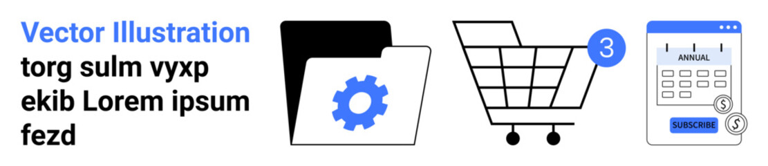 Folder with settings gear, shopping cart with notification, and an invoice page icon. Ideal for online shopping, e-commerce, digital tools, business management, shopping cart systems, automation