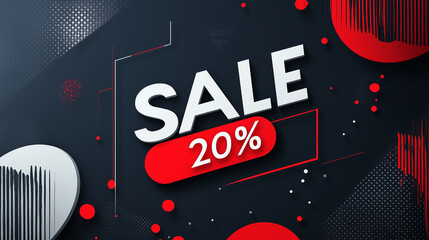 Modern sale banner with large bold white "SALE" text and bright red "20%" on a dark background, creating a striking and minimalist promotional design with strong contrast.