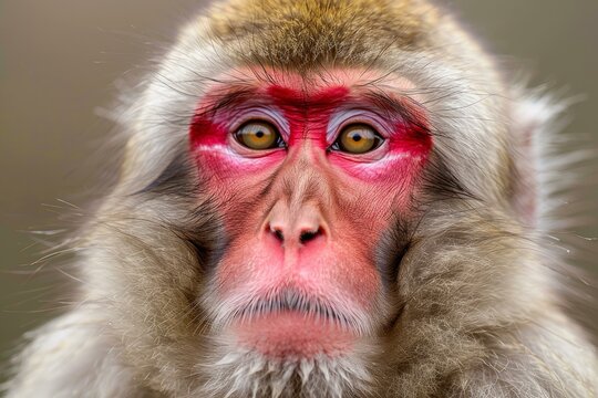 Close up portrait of a japanese macaque showing its characteristic red face and intense gaze