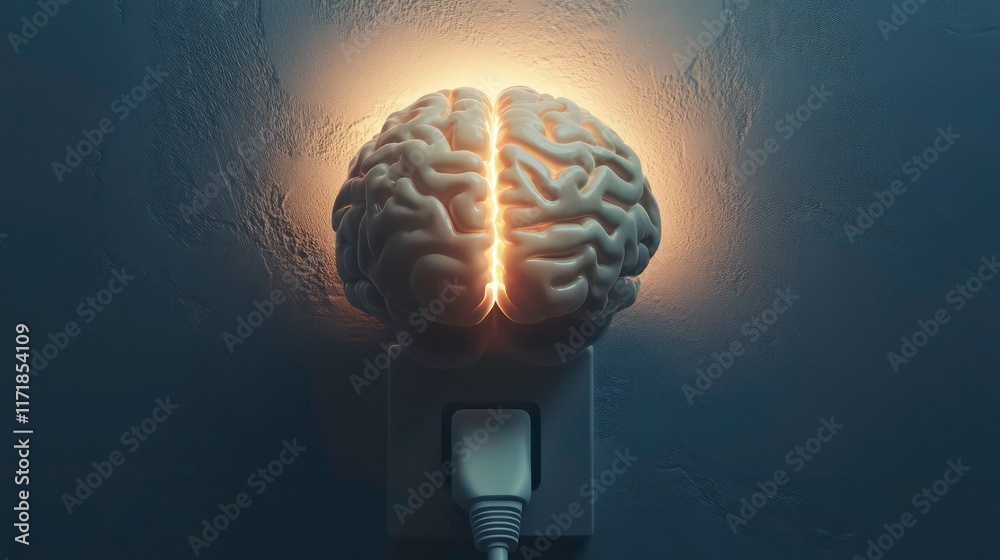 Poster glowing brain plugged into wall socket, representing idea, intelligence, knowledge, and power.