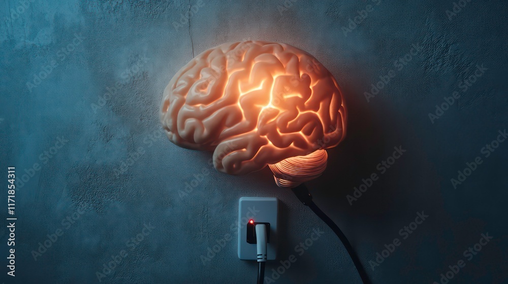 Aufkleber illuminated brain-shaped lamp plugged into wall socket, emitting warm light against textured backgro