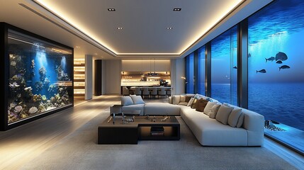 Luxurious underwater living room with ocean view, aquarium, and modern furniture.