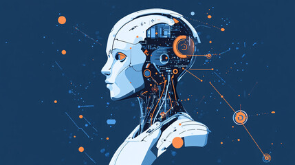 Fototapeta premium A cybernetic humanoid AI with digital circuit connections and glowing orange elements on a deep blue background symbolizing futuristic artificial intelligence technology 