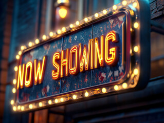 Bright Vintage Movie Marquee with Now Showing Text for Nostalgic Cinema Charm