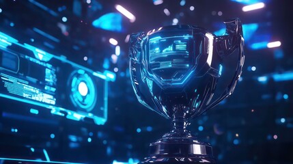 Futuristic trophy with glowing blue digital interface background.