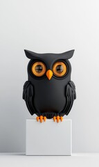 Naklejka premium Black decorative owl sculpture with vibrant orange eyes on a minimalist pedestal against a light background
