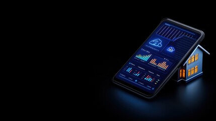Obraz premium Smartphone Displaying Data Analytics for Real Estate Market on a Dark Background with House Model