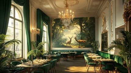 Elegant Parisian restaurant interior, sunlit, mural, deer, luxury
