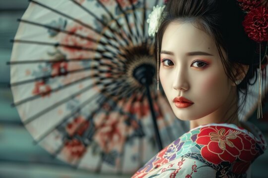 Young woman wearing traditional japanese clothing and makeup posing with an oiled paper umbrella