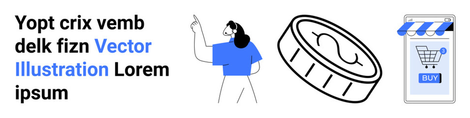 Blue-clad person pointing, large coin, and online storefront with shopping cart icon. Ideal for e-commerce, online shopping, digital marketing, financial services, mobile apps, business