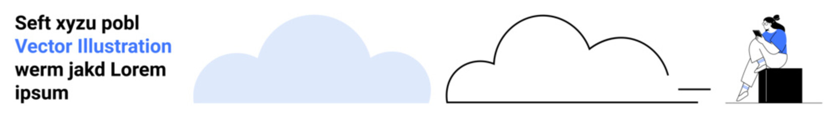 Person sits atop stacked black books, holding notebook and coffee cup, observing stylized clouds. Ideal for learning, imagination, introspection, creativity, observation, education remote work