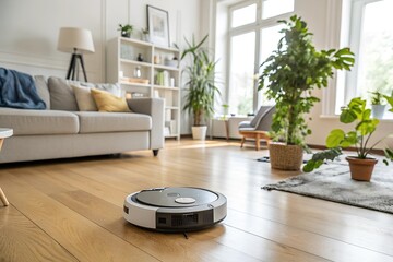 A sleek robotic vacuum cleaner operates on polished wooden floors in a bright