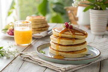 A stack of fluffy pancakes on a plate beside a glass of orange juice