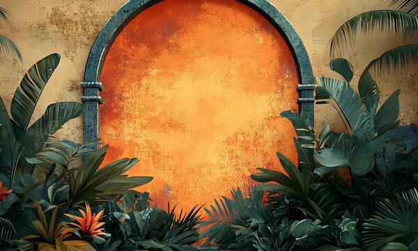 background with frame, tropical plants and flowers