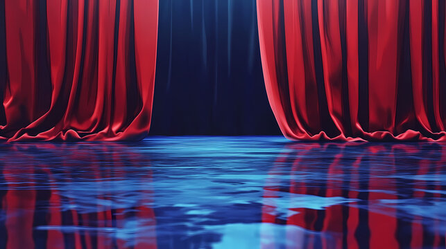 Red velvet stage curtains with reflective floor. rich red velvet theater curtains set against a reflective blue floor, ideal for dramatic stage settings. Velveted. Illustration