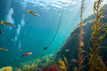 Naklejka premium An underwater view of a vibrant ecosystem, showing a fishing line descending through the water with a shimmering bait hook surrounded by curious fish.