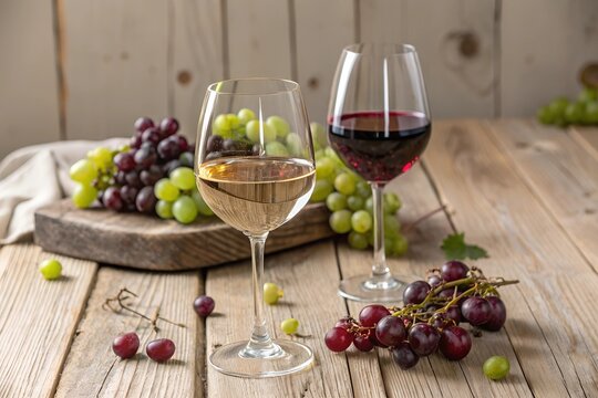 Two glasses of wine, one red and one white, sit beside clusters of green and red grapes