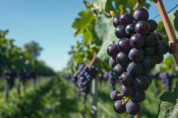 Purple Grapes growing on a Grapevine with green leaves on a Grape farm on a sunny clear blue sky day.