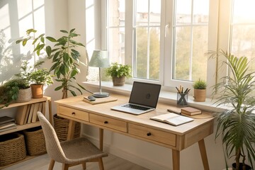 Fototapeta premium A bright and cozy home office featuring a wooden desk, laptop, plants, and natural light from large