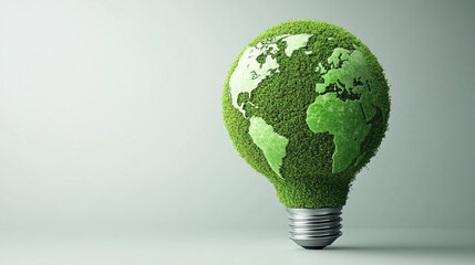 A green world map on a glowing light bulb symbolizing the power of renewable energy and environmental sustainability, representing the fusion of nature and technology for a greener future

