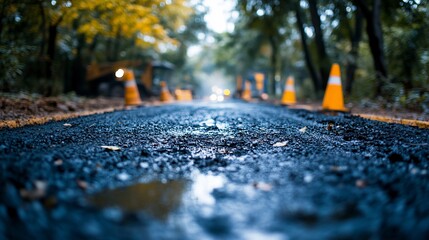 Fresh asphalt road construction, close-up view.