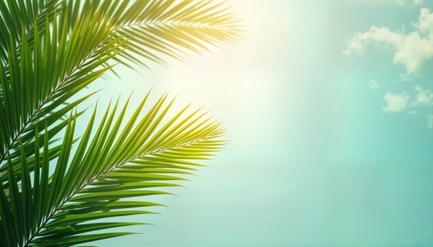 Palm Sunday concept photo shows rich green palm leaves against pastel blue sky with soft clouds. Sunny day. Beautiful natural background. Fresh foliage. Tropical feeling. Peaceful scene. Symbol of