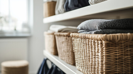 A modern storage system with shelves holding wicker baskets and minimalist fabric boxes, organizing blankets and clothing in an orderly fashion.
