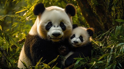 Obraz premium Mother panda gently cradles her cute cub amidst lush bamboo foliage.