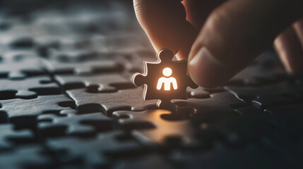 Close-up of a hand placing the final piece of a wooden jigsaw puzzle, with the glowing person icon in the center, symbolizing successful recruitment in human resource management.