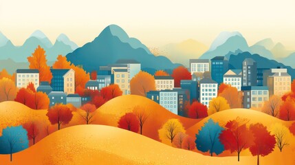 Autumnal cityscape nestled in rolling hills and mountains.