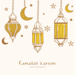 Hand drawn sketch of ramadan lantern background with crescent and stars. Ramadan kareem greeting vector illustration