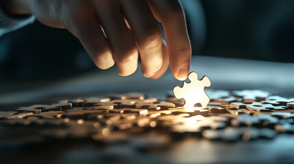A luminous person-shaped puzzle piece being fitted into a wooden jigsaw by hand, representing hiring and the precision of human resource decisions.