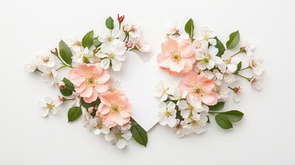 Floral wreath frame in a heart shape made of white and pink spring flowers isolated on blue background with copy space. Flat lay, top view banner for Valentines Day, Mothers Day, wedding invite