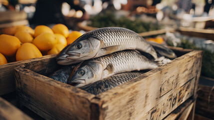 Fresh fish displayed in a rustic wooden crate with vibrant lemons.