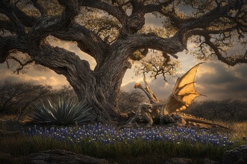 Bluebonnets bloom beneath the vivid Texas sky in Marble Falls, TX