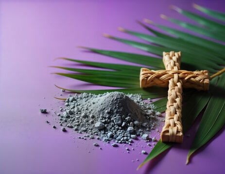 Religious concept photo. Christian cross with ashes, palm leaf on purple background. Lent season, Holy Week theme. Symbol of faith, sacrifice. Represents Christian traditions like Ash Wednesday, Good
