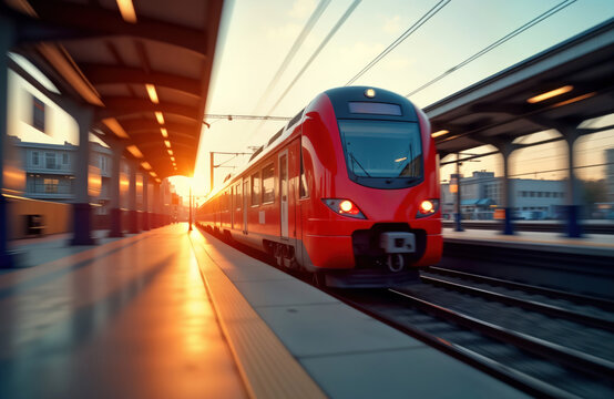 Modern red train departs from urban railway station at sunset. Fast motion blur shows speed, transit. Sunny evening in city. Busy transportation hub. Commuter rail technology. Rapid transit system.
